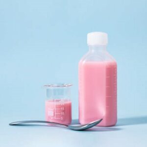 Sur fond bleu pâle, un flacon neutre empli d'un sirop rose opaque. À côté, un godet mesureur à moitié rempli et une petite cuillère.