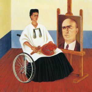 Autoportrait de Frida Khalo assise dans un fauteuil roulant, près du portrait d'un homme (son chirurgien) sur un chevalet. Elle tient une palette en forme de coeur ou apparaissent des vaisseaux sanguins.