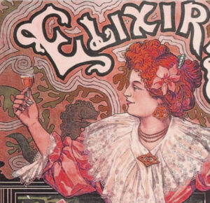 Affiche publicitaire pour un breuvage nommé "Elixir", dans des tons rouges. Une femme élegante lève délicatement un verre plein, à hauteur de ses yeux, et le regarde .