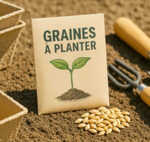Sachet de papier brun où est écrit "Graines à planter", une pousse y est dessinée. À côté se trouvent un petit tas de graines, des pots et et des outils.